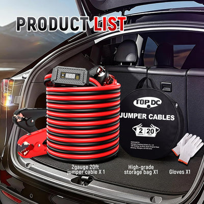 TOPDC 2 Gauge 20 Feet Jumper Cables with Reverse Polarity Protection with Carry Bag