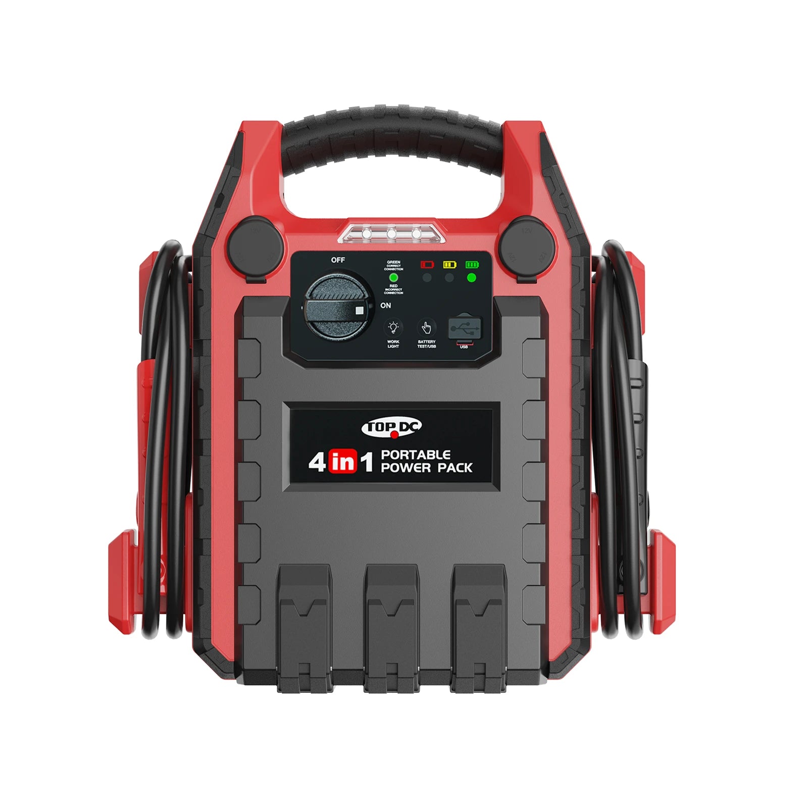 TOPDC 1000A portable jump starter with 150 PSI air compressor front view