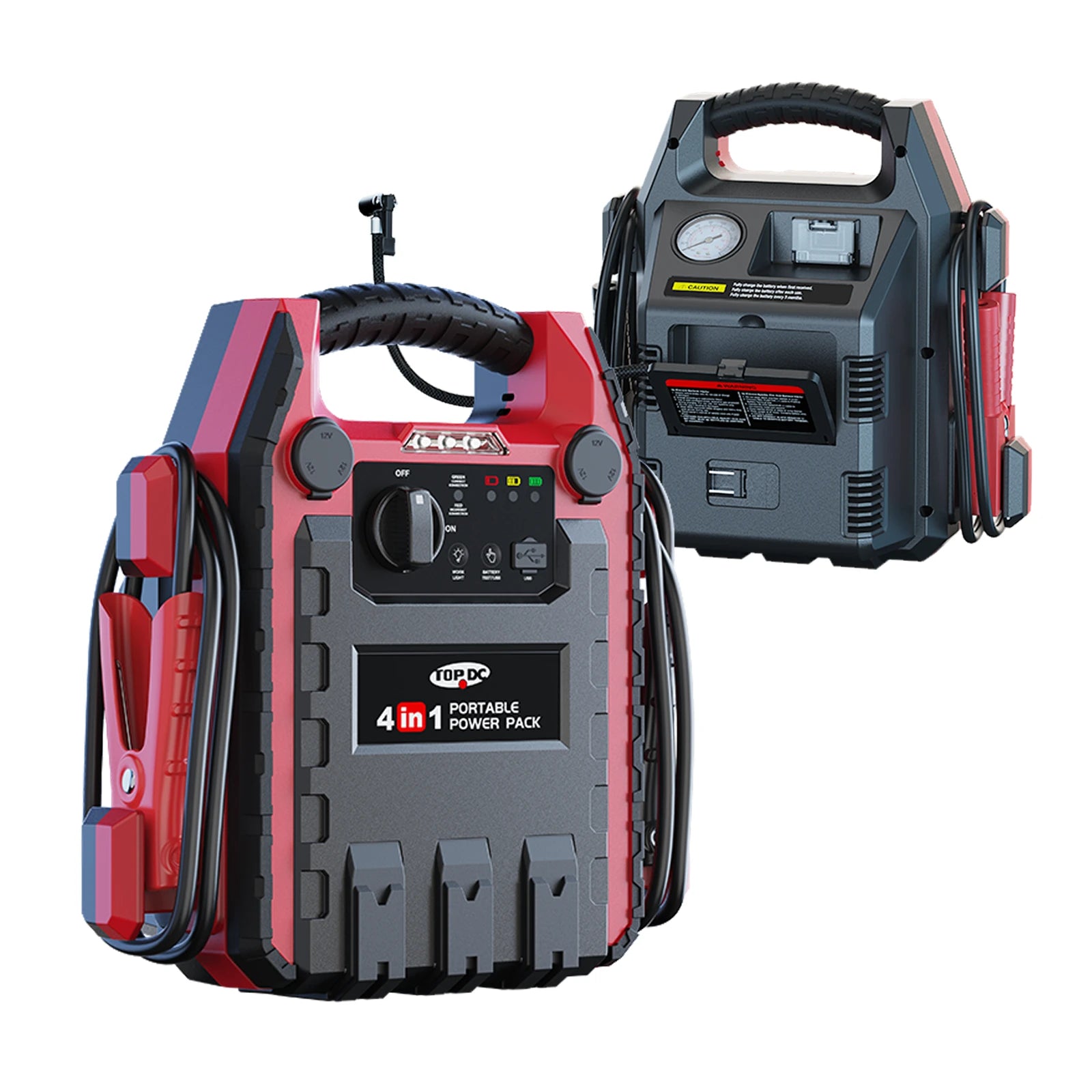 TOPDC 4-in-1 portable power pack with jump starter and air compressor front and rear views