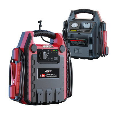TOPDC 4-in-1 portable power pack with jump starter and air compressor front and rear views