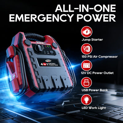 TOPDC 4-in-1 emergency power pack with jump starter air compressor USB power bank and LED light