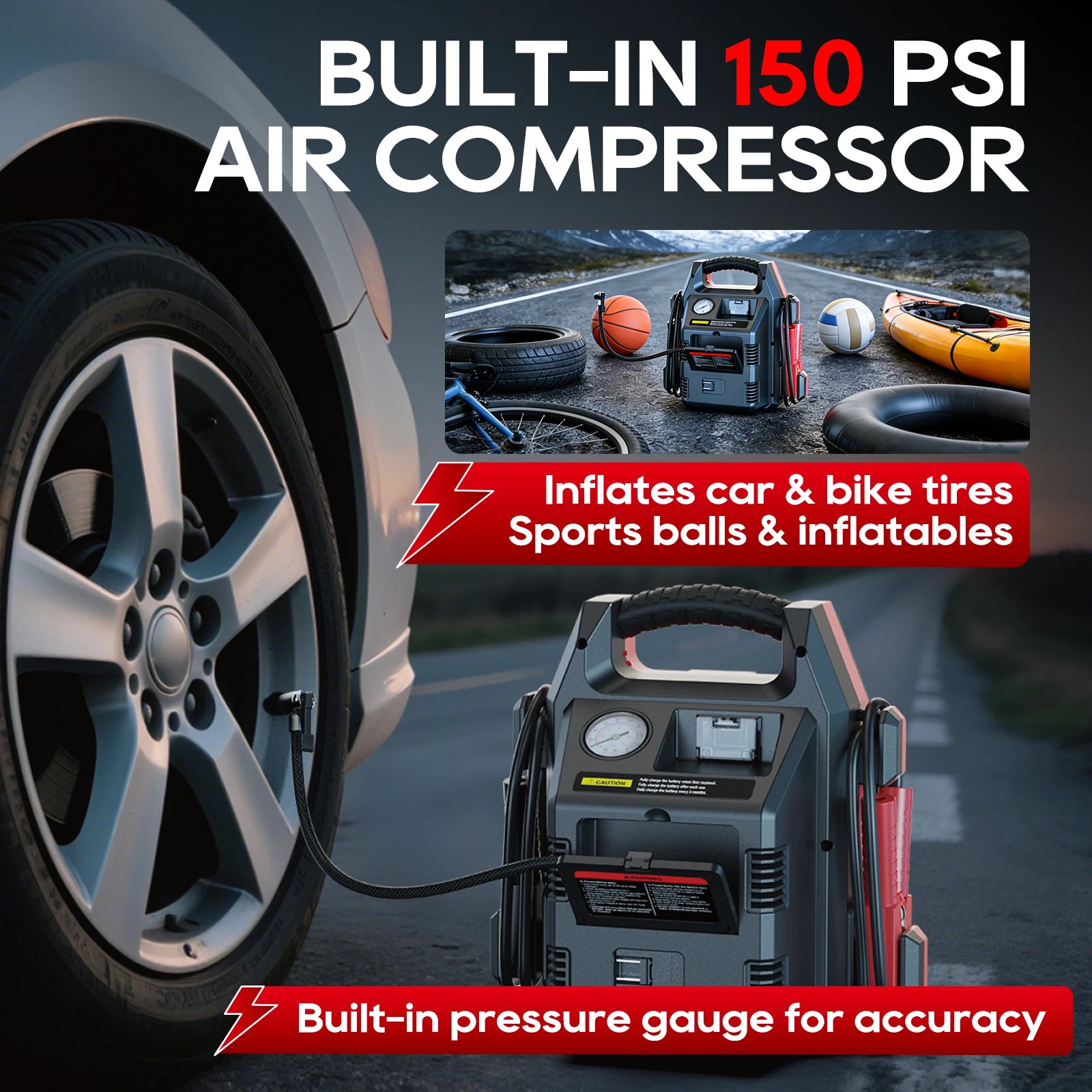 TOPDC jump starter with built-in 150 PSI air compressor inflating a car tire