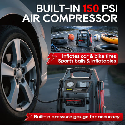 TOPDC jump starter with built-in 150 PSI air compressor inflating a car tire