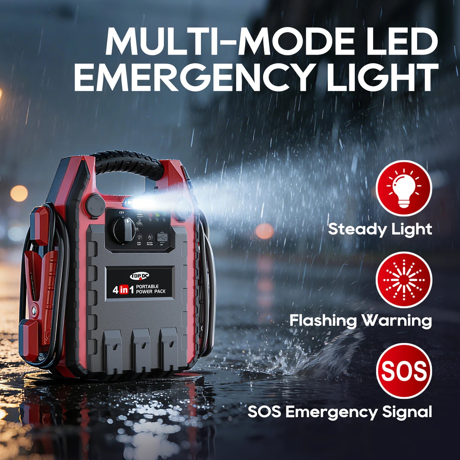 TOPDC jump starter with multi-mode LED emergency light for roadside emergencies