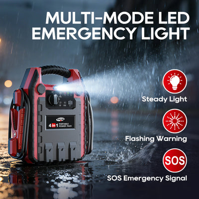 TOPDC jump starter with multi-mode LED emergency light for roadside emergencies