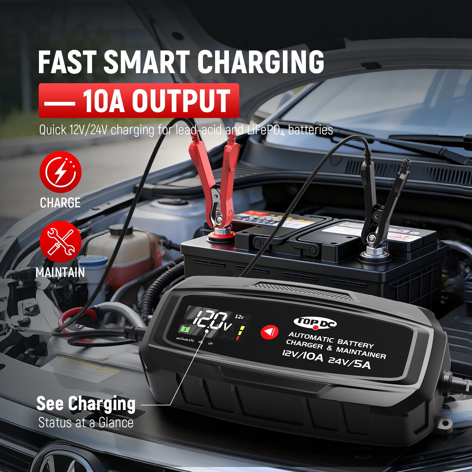TOPDC 10A 12V/24V Smart Battery Charger