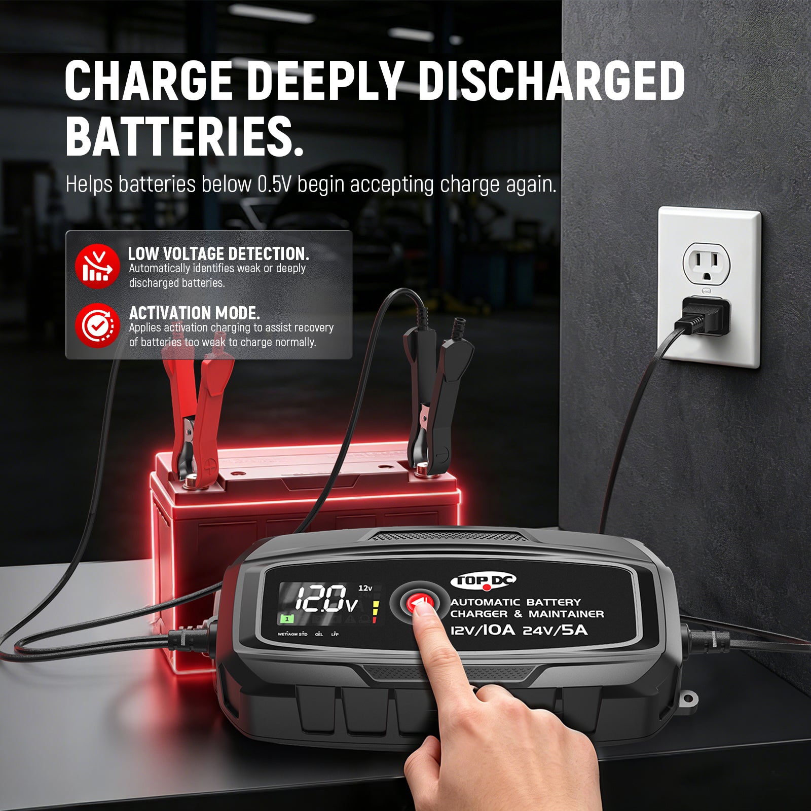 TOPDC 10A 12V/24V Smart Battery Charger