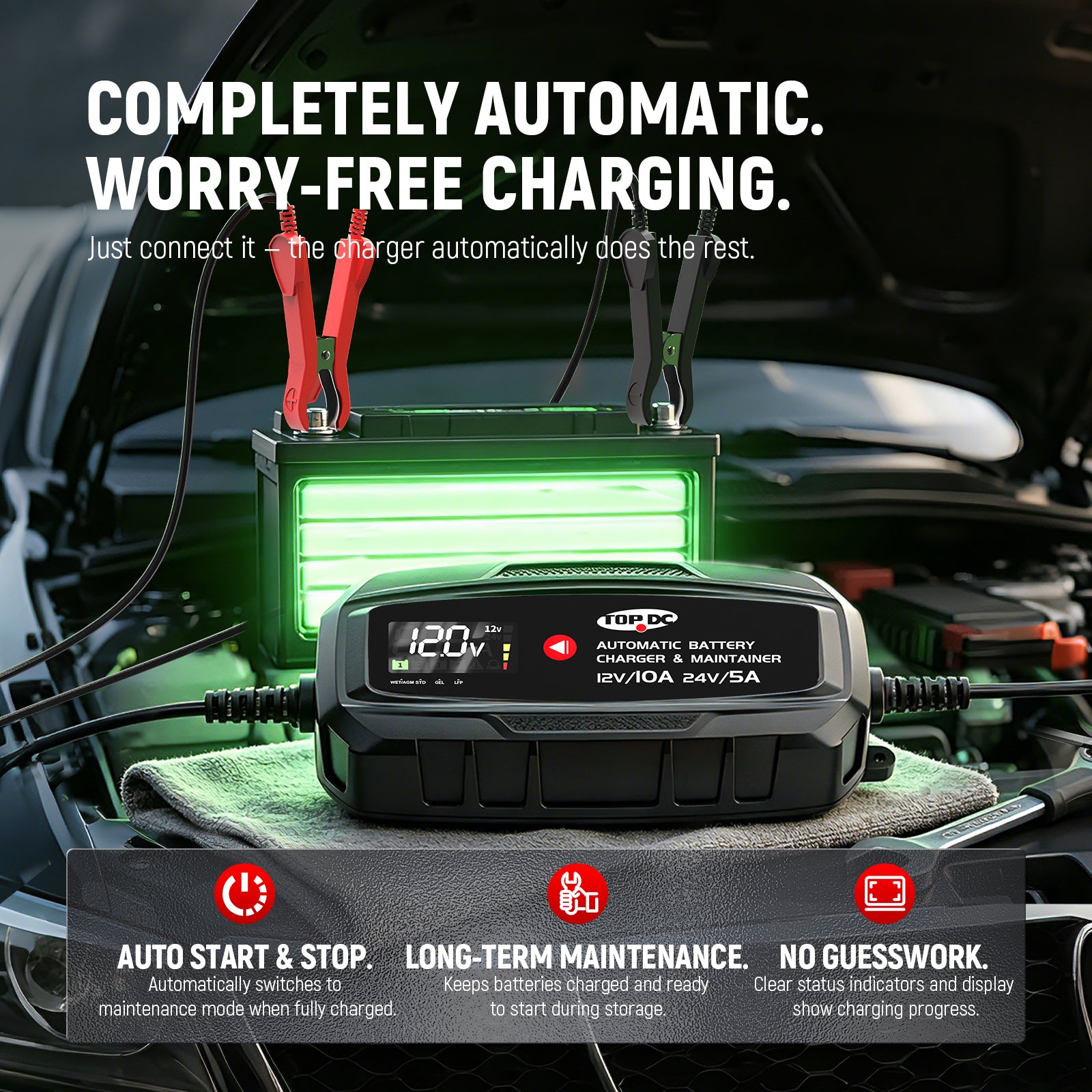 TOPDC 10A 12V/24V Smart Battery Charger