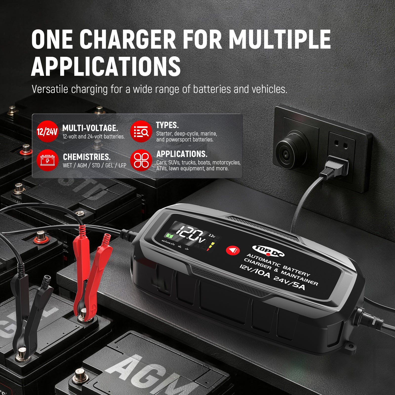 TOPDC 10A 12V/24V Smart Battery Charger