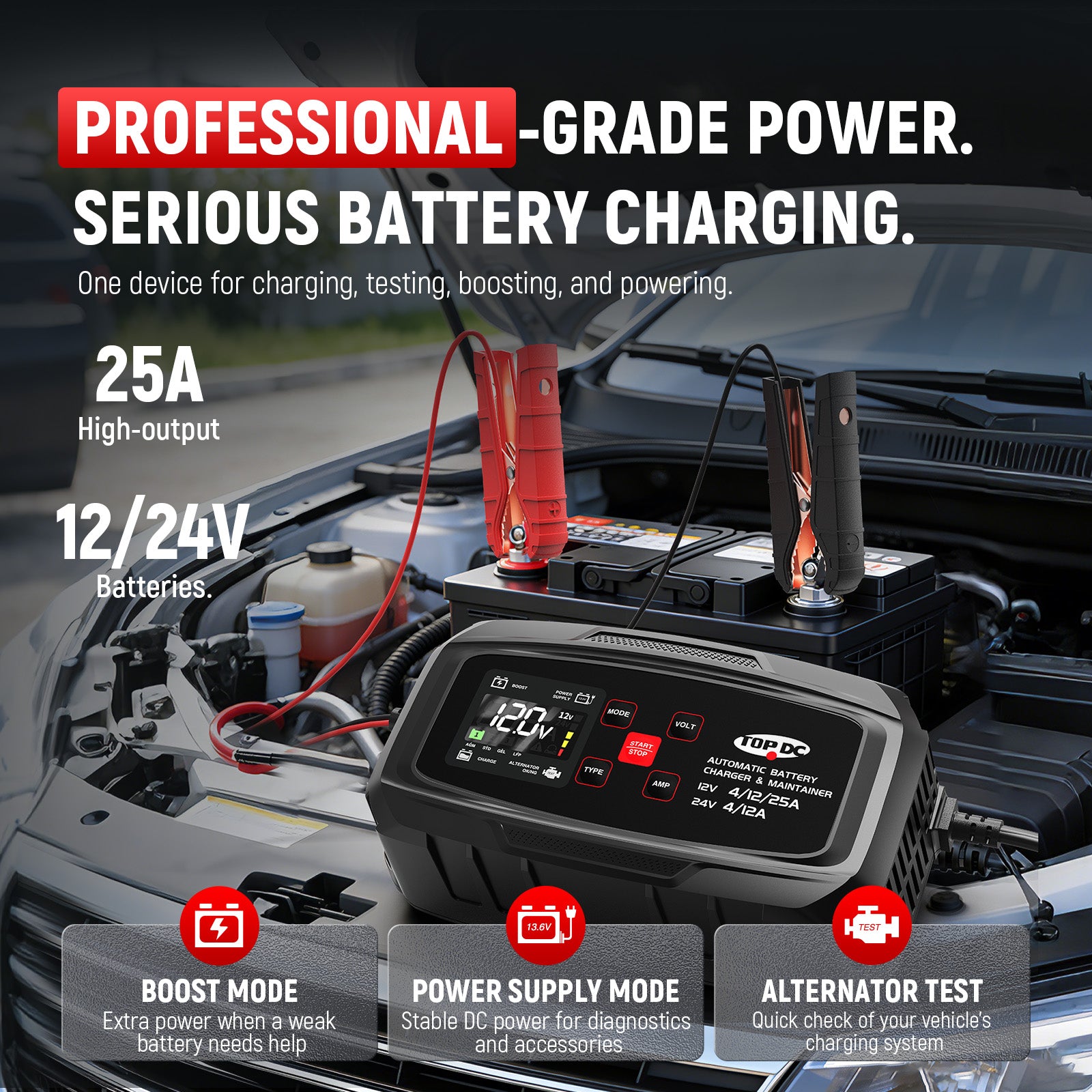 TOPDC 25A 12V 24V automatic smart battery charger and maintainer
