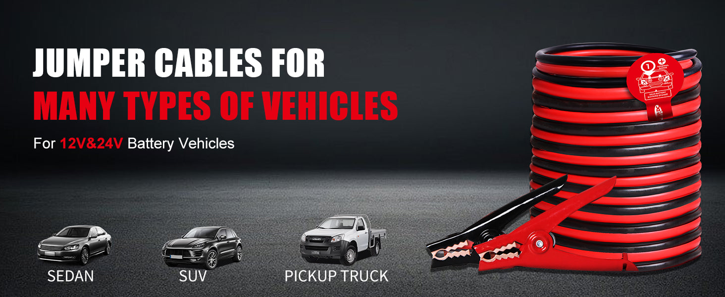 TOPDC 4 gauge jumper cables compatible with 12V and 24V vehicles including sedans SUVs and trucks