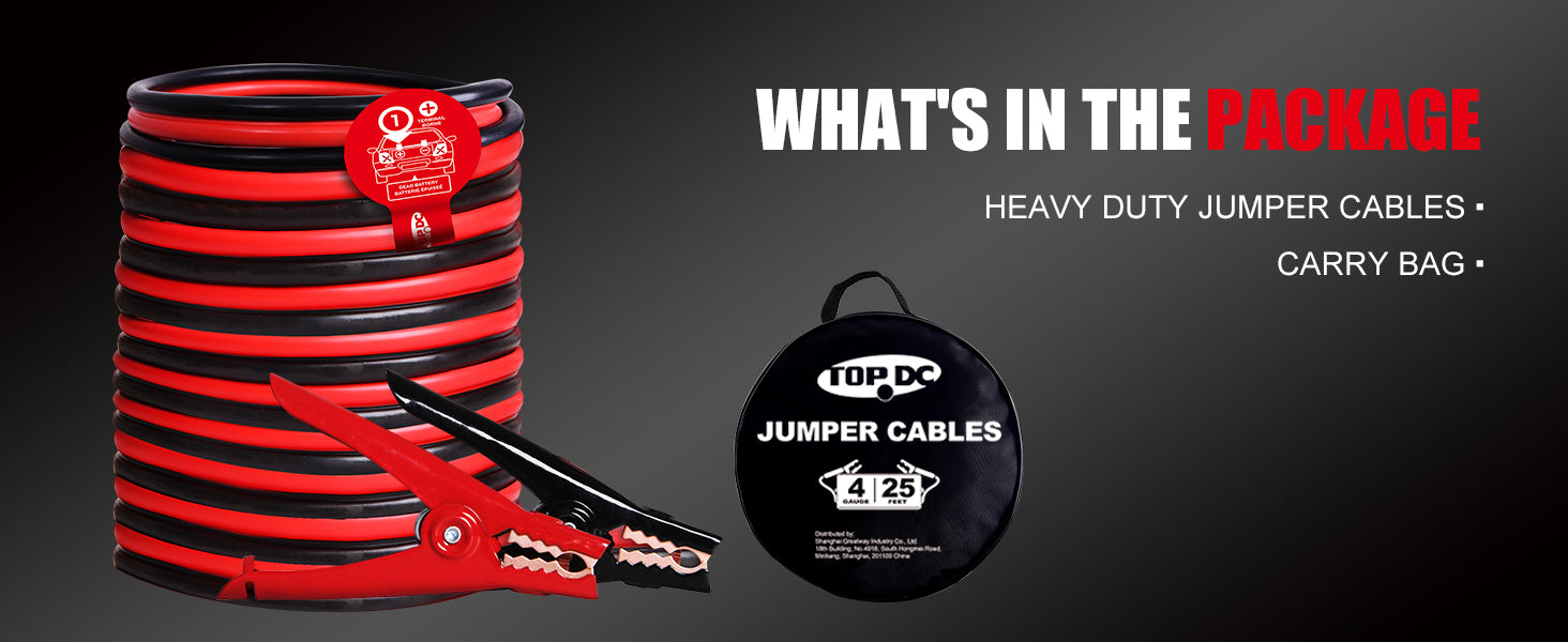 TOPDC 4 gauge 25 ft heavy duty jumper cables with clamps and carry bag package contents